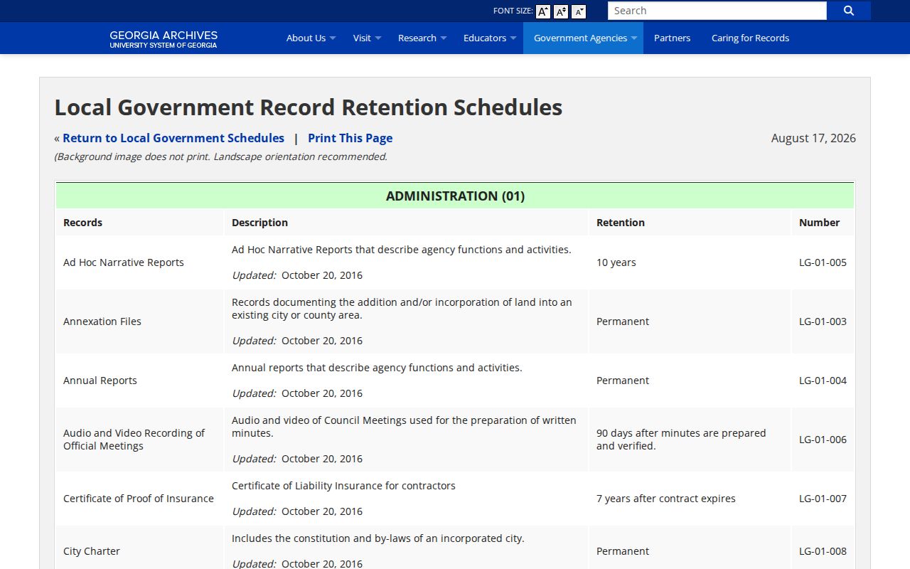 Washington County jail and booking record retention schedule guidance from Georgia Archives