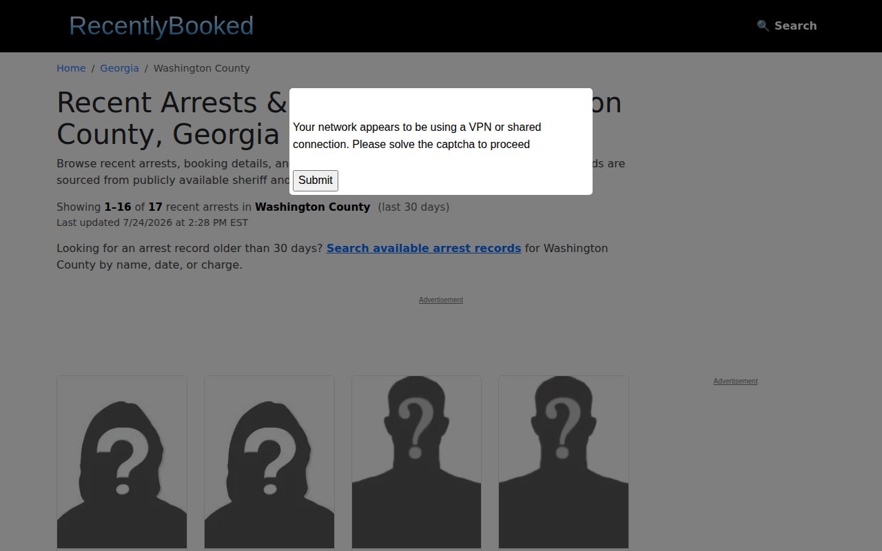 Unofficial Washington County booking interface used only as a secondary lead